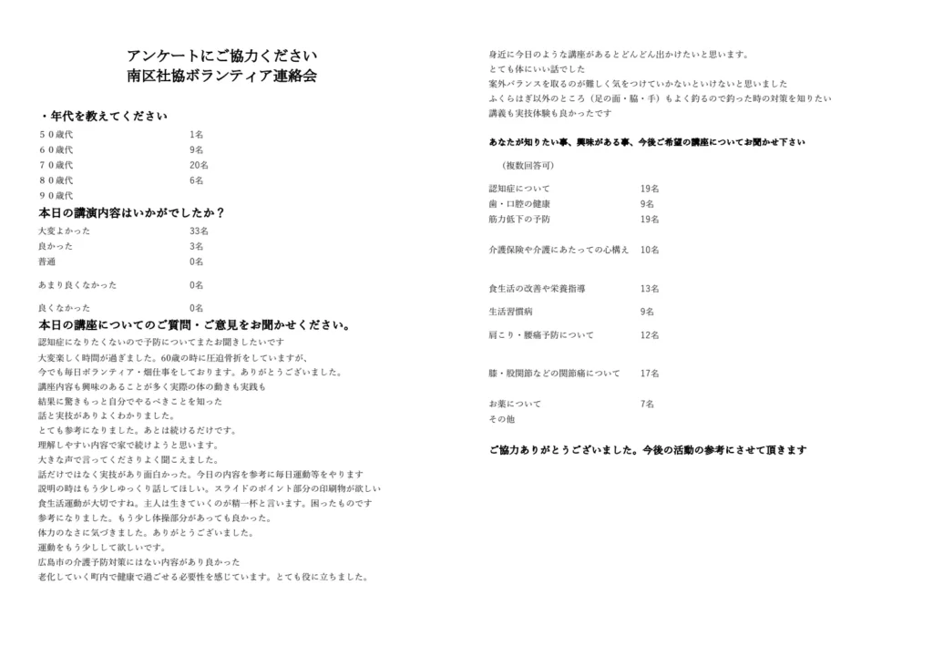 南区社協ボランティア連絡会での講座アンケート結果と参加者の詳細な感想一覧